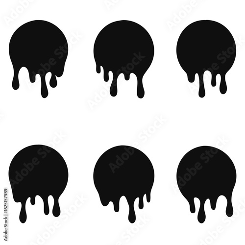 Paint drip stickers set, circle with melt drop icon, graffiti paint drip blobs. vector illustration