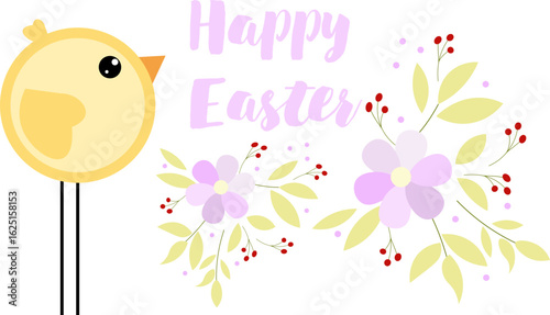 Happy Easter. Flowers, yellow chick and the words 