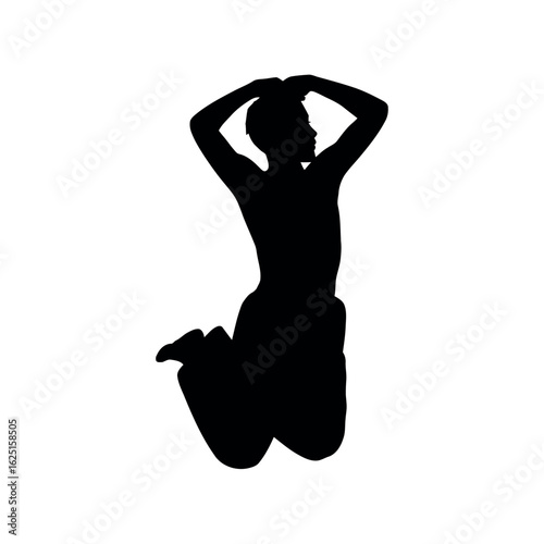 Black silhouette of a person jumping with hands behind head action movement 1