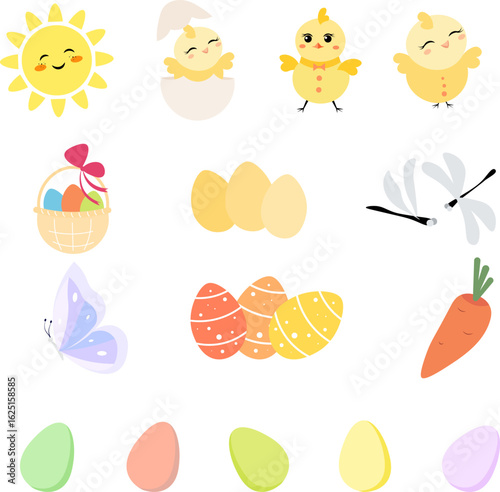 Happy Easter. Set of Easter elements: sun, chickens, eggs, butterfly on a white background. For banners, cards, social networks. Vector