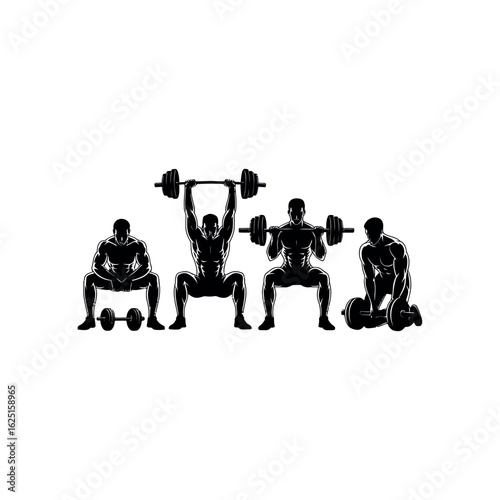 Four men silhouettes lifting weights and exercising with barbells and dumbbells weightlifting fitness
