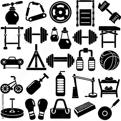 40 Fitness and Gym Equipment Silhouettes Vector Icon Set Isolated