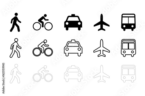 information icon, A linear-style icon set for way finding and signage, featuring symbols like walk, bike, taxi, airplane, bus. Includes prohibition pictograms