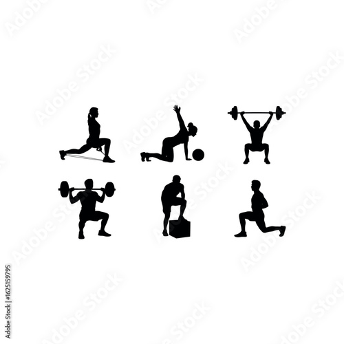 Six Silhouettes of People Exercising with Weights and Bands fitness exercise
