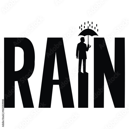 Creative Rain Typography Design Man with Umbrella Silhouette in Word Art