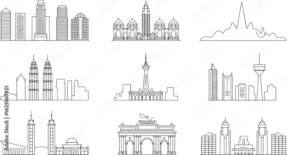 Naklejka premium Detailed Cityscape Outlines Featuring Global Landmarks on Transparent Backdrop for Design and Illustration