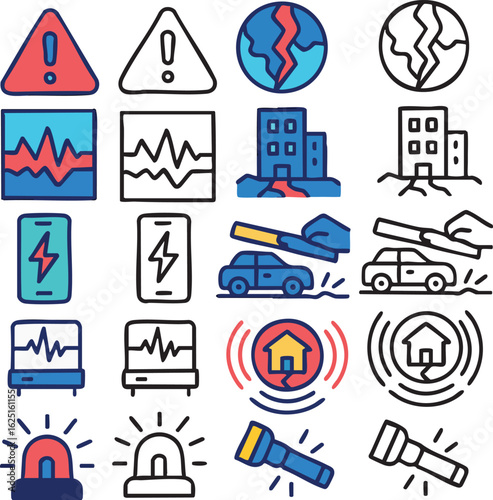 A collection of icons depicting earthquake disasters, seismic activity, warnings, and emergency preparedness.