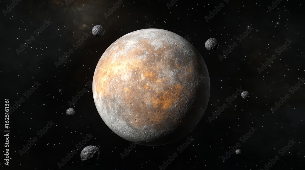 Obraz premium Planet with a large moon and several smaller rocks orbiting it. The scene is set in space and the mood is peaceful and serene