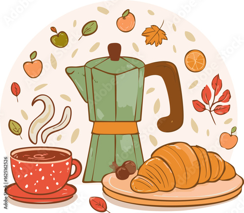 Cozy autumn breakfast with coffee, moka pot, croissant, egg toast, apples, and fall leaves. Warm seasonal style perfect for cafe ads, autumn menus, or lifestyle illustrations