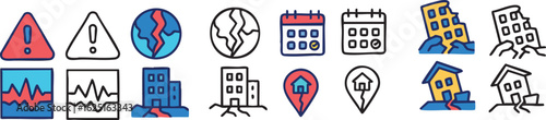 A set of earthquake-related icons showing warnings, seismic activity, and building damage, presented in both color and line art versions.
