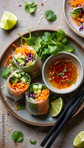 Fresh Vibrant Vegetable Rice Paper Rolls with Spicy Dipping Sauce, Lime Wedges, and Chopsticks.
