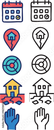 A set of icons illustrating earthquake concepts, including a calendar, cracked location pin, epicenter symbol, damaged house, and a hand for help, in color and line art.