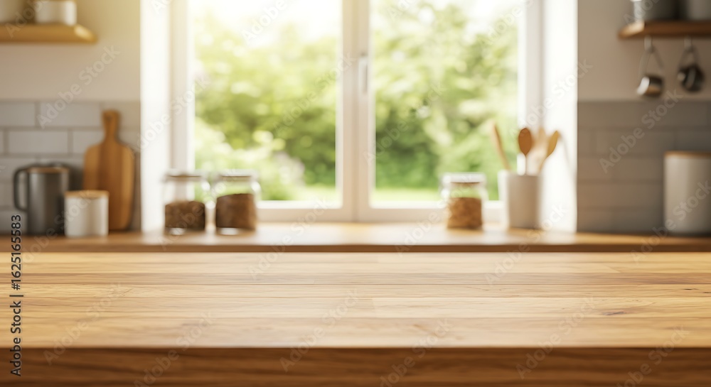 Fototapeta premium Bright kitchen interior with wooden countertop and blurred window background view