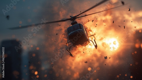 Helicopter escaping from the explosion in city with fire and debris during action movie scene