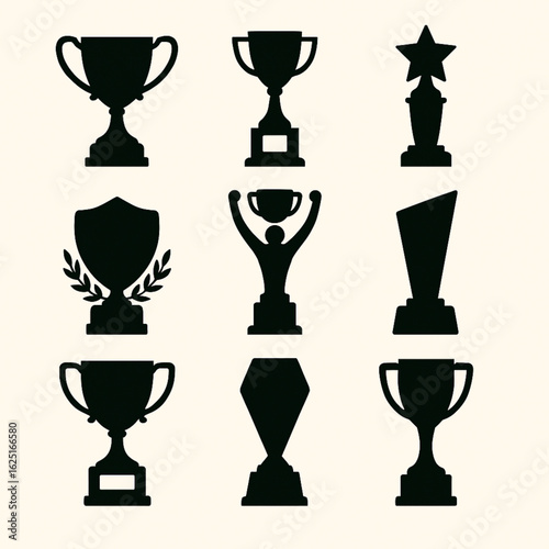 Nine black trophy and award silhouettes arranged in a 3x3 grid on a light beige background. Includes cups, shield, star, figure with cup, and modern shapes. Simple, abstract, and symbolic design.
