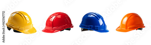 Colorful Safety Helmet PNG Bundle – Transparent Construction Hard Hats (Yellow, Red, Blue, Orange)