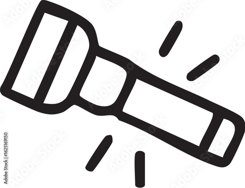 A simple black line icon of a flashlight turned on and shining light.