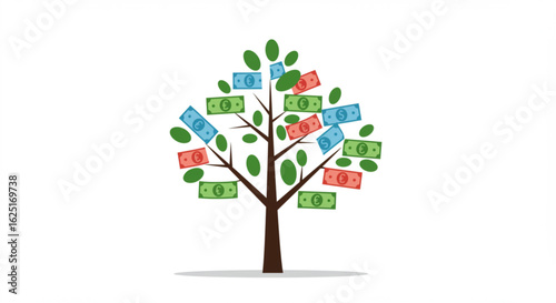 A stylized money tree with colorful banknotes representing financial growth.