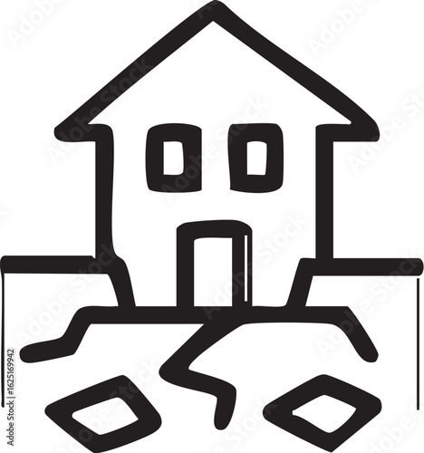 A simple black line icon of a house with a cracked foundation on unstable ground, representing an earthquake or structural damage.