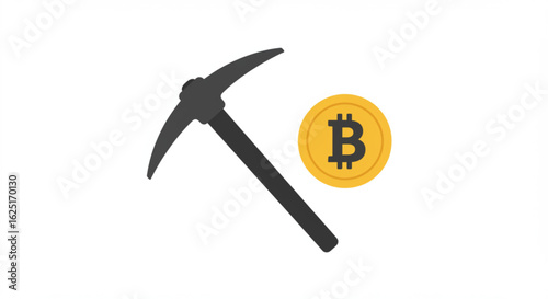 Bitcoin Mining Illustration Pickaxe and Golden Bitcoin Coin.