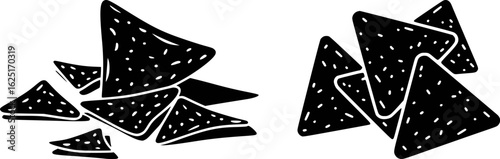 Black and white illustration of scattered tortilla chips snack food