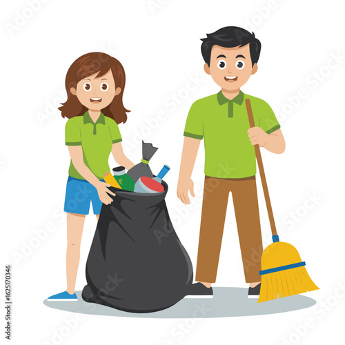 Two people cleaning up litter with a broom and a garbage bag in a community cleanup effort scene