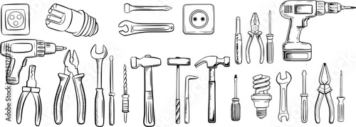 Black and white line drawing of various tools and electrical components hammer