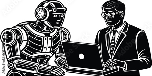 A robot and a businessman collaborate while using a laptop computer in a black and white vector illustration.