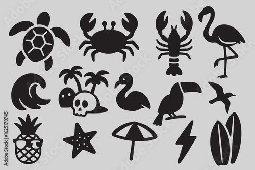 Beach and tropical summer vector silhouette icons including turtle, crab, lobster, flamingo, wave, pineapple, surfboards, starfish, toucan, and palm trees for decoration and design use.