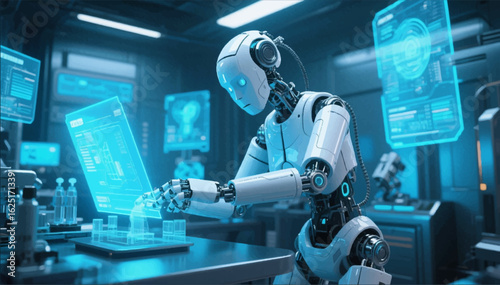 An illustration of a robot that performs scientific work in a laboratory independently interacting with a smart holographic computer. Vector graphics. EPS.