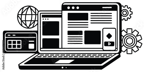 Digital technology vector illustration featuring laptop and various interface windows conceptualizing a website or application design