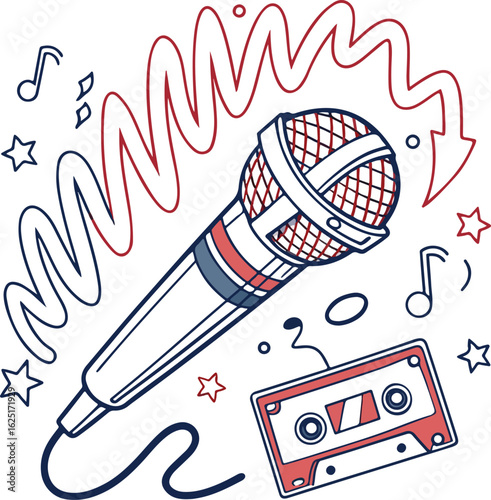 Retro Microphone with Cassette Tape and Music Notes – Vintage Audio Illustration