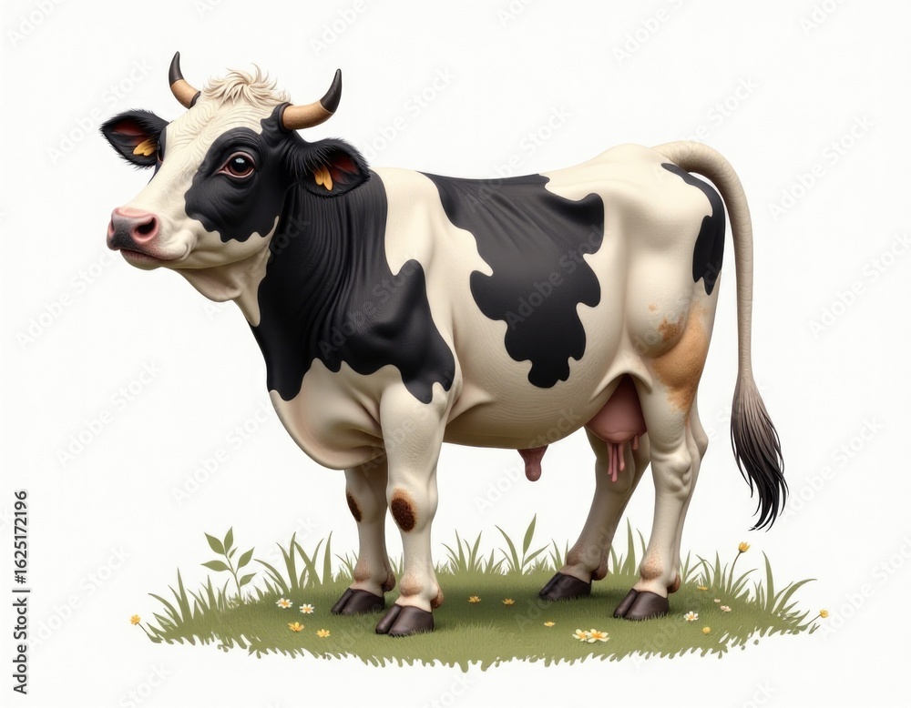 A black and white cow grazing in a lush green meadow A black and white cow grazing in a lush green meadow