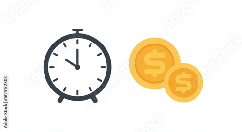 Stylized Clock and Two Golden Dollar Coins Depicting Time is Money.