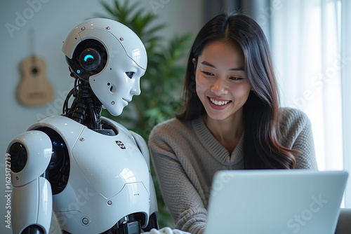 Woman and AI humanoid robot work together and collaborating while looking at a laptop, symbolizing AI partnership help job