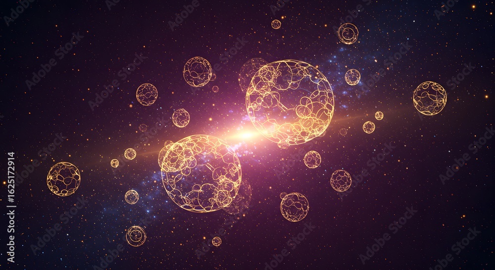 Naklejka premium A cosmic dance of glowing orbs in a starry expanse with a bright central light and nebula backdrop