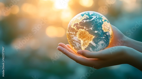 Hands holding glowing Earth with bright sunlight and bokeh background