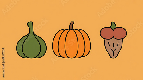 Pumpkins, figs, and acorns; autumnal harvest icons.
