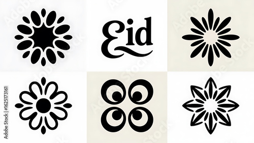 Black and white floral and circular design elements.
