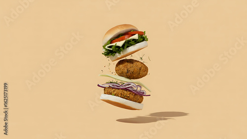 Three burgers, ingredients separated, in mid-air.
