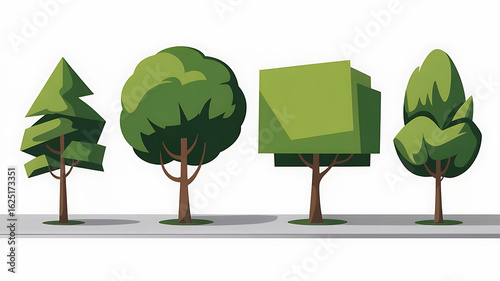 Four stylized trees in various shapes, vibrant green foliage.
