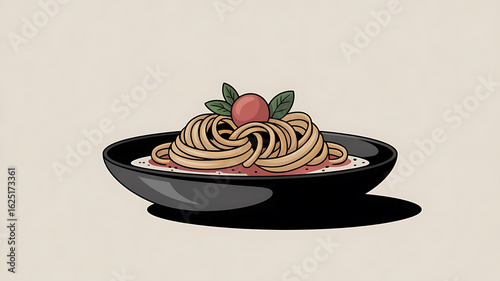 A plate of spaghetti with meat sauce, topped with a cherry tomato.
