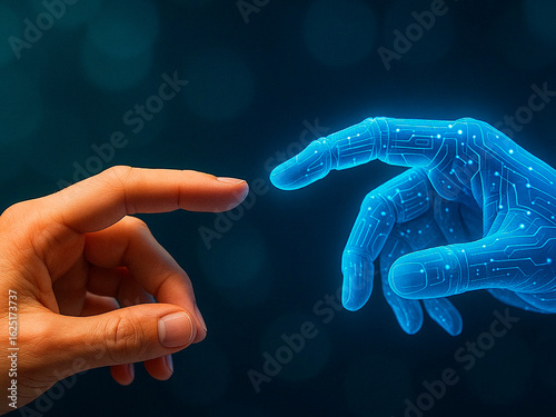 A symbolic connection between human and AI: two fingertips nearly touching, evoking harmony, technology, and transformation.