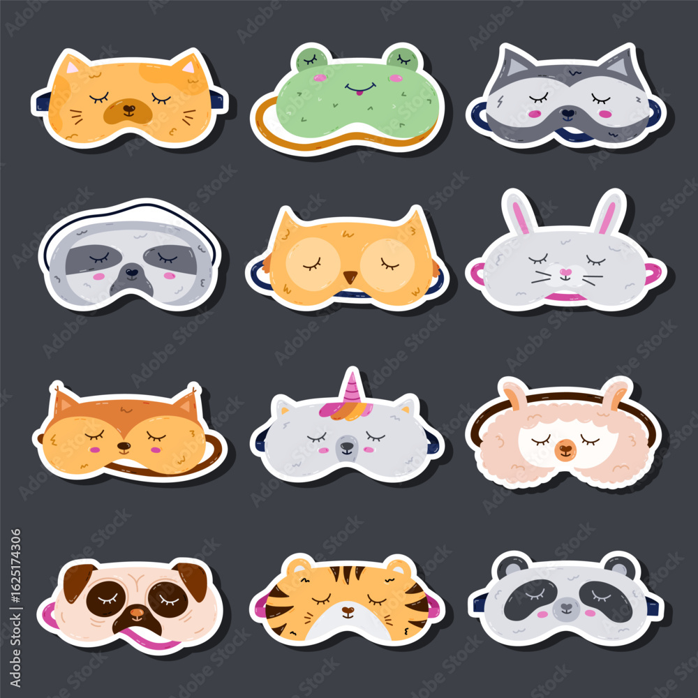 Obraz premium Funny cartoon sticker set with animal sleeping mask for planners, notebooks. Ready for print list of cute eye mask in the shape of cat, frog, tiger head. Hand drawn night accessory sticker layout.