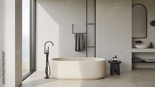 Modern bathroom with a freestanding tub, black fixtures, and minimalist decor.
