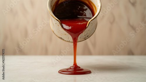 Red sauce pouring from a ceramic pot.
