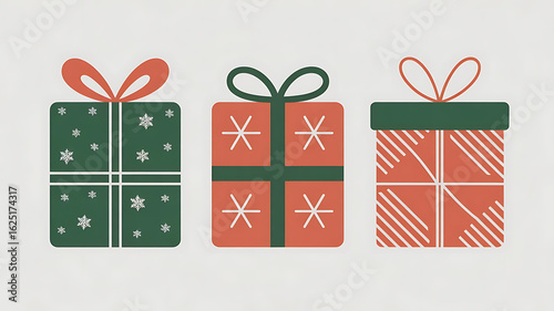 Three gift boxes, festive colors, holiday presents.
