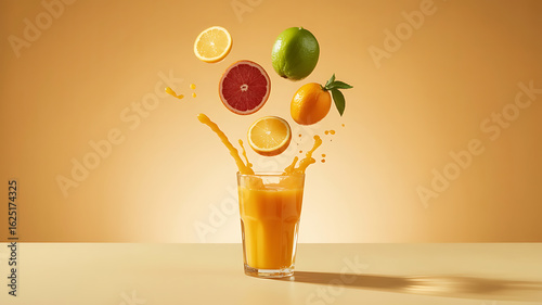 Citrus fruits splash into a glass of juice.
