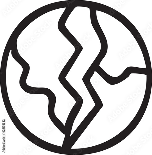 A minimalist black line icon of a cracked planet, symbolizing global crisis, disaster, or environmental damage.