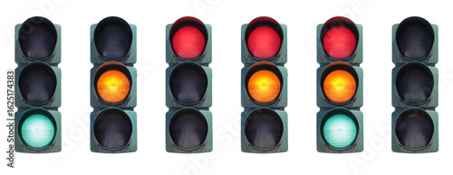 Photos Set of isolated traffic lights with different color combinations.